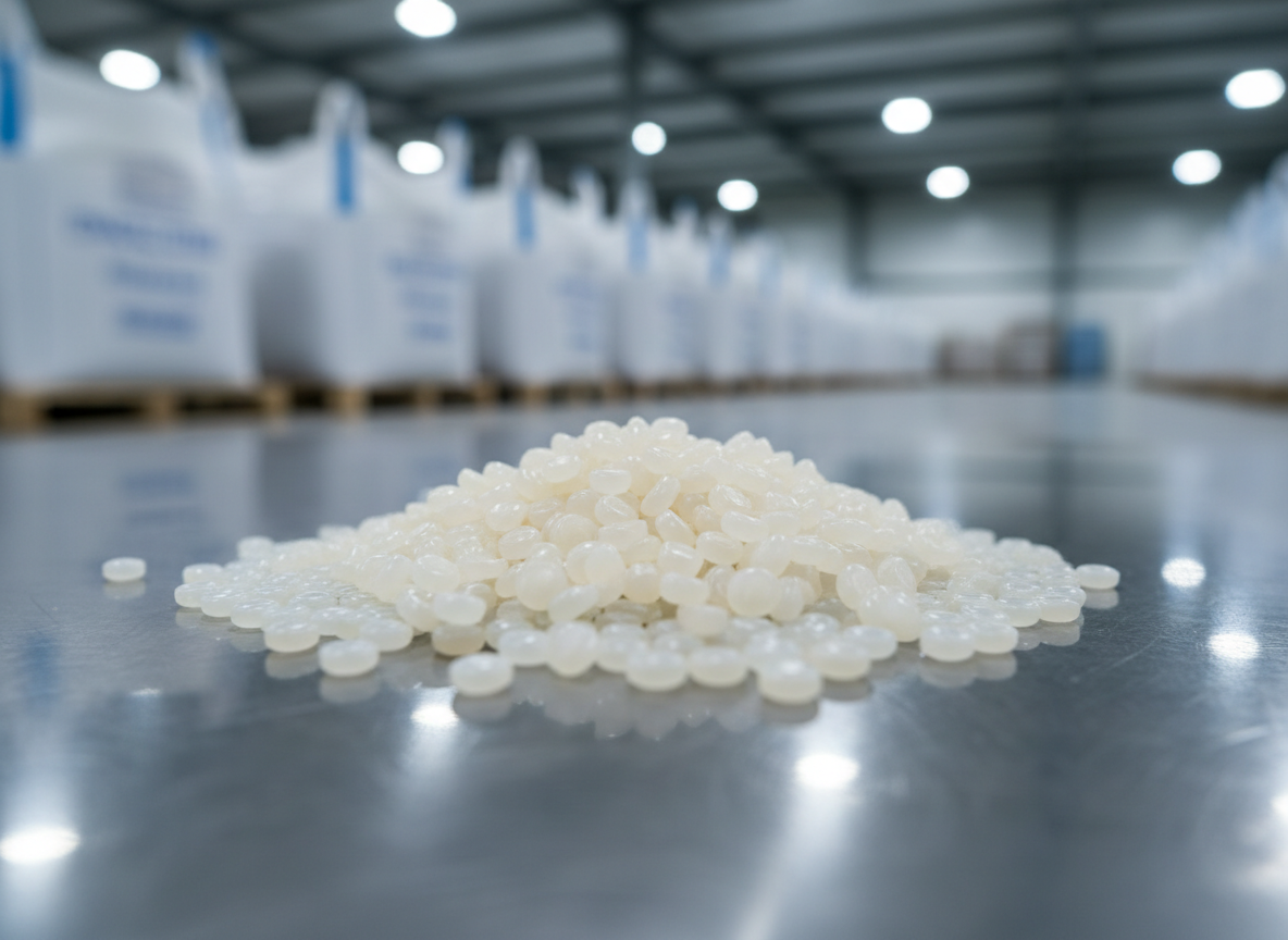 A close-up, photographic realism shot of neatly arranged translucent plastic resin pellets in varying shades of natural, milky white and light beige, symbolizing high-grade raw material. The pellets are carefully piled on a clean, reflective stainless steel surface in a bright, modern warehouse environment, with blurred stacks of labeled industrial bags and pallets in the background. Cool, diffused overhead lighting creates subtle highlights on each pellet, emphasizing clarity and uniformity. Captured at eye level with a shallow depth of field, the foreground pellets are in razor-sharp focus while the background gently fades into soft bokeh, conveying a professional, reliable, and quality-focused atmosphere suitable for a plastic raw material trading business homepage banner.