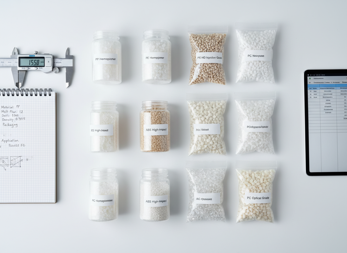 An overhead, photographic realism view of a clean white worktable displaying an organized collection of labeled plastic raw material samples: small transparent jars and clear sachets filled with different pellet types such as PP, PE, ABS, and PC. Each container has a crisp, minimalist label indicating material name and grade. Alongside lie a digital caliper, a notepad with neatly written material specs, and a tablet showing a blurred specification sheet. Soft, diffused studio lighting eliminates harsh shadows, creating a clean, technical atmosphere. The composition follows a grid-like arrangement with sharp focus across the entire frame, emphasizing systematic classification, technical expertise, and meticulous quality control in plastic resin trading.