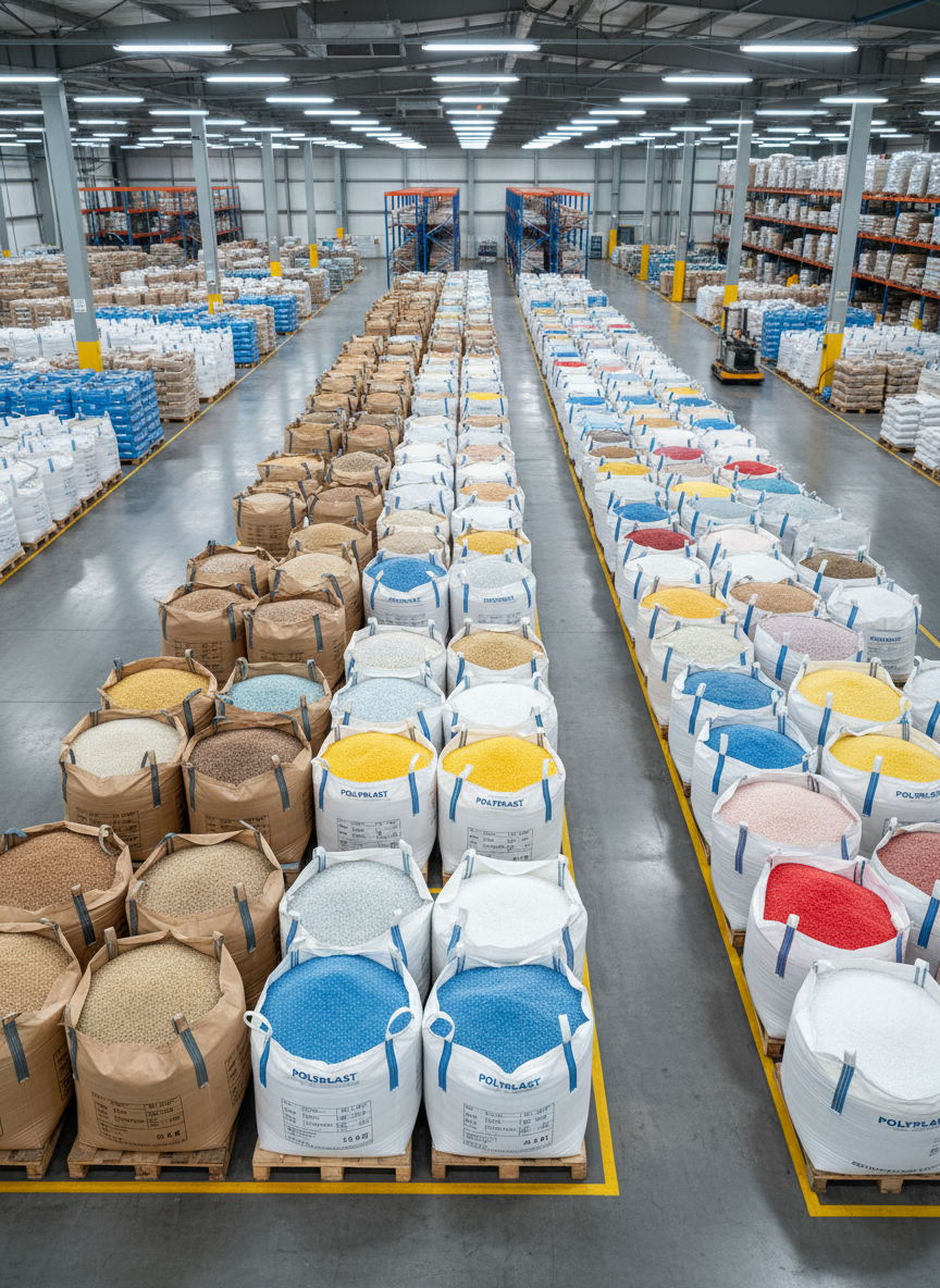 An organized array of large, printed kraft paper and woven plastic packaging bags filled with plastic raw materials, each cleanly labeled with specifications and grades, stacked on sturdy wooden pallets in a spacious, immaculate warehouse. The polished concrete floor reflects soft, cool-white industrial LED lighting from above, creating crisp but gentle shadows. In the mid-ground, clearly marked aisles and racking systems emphasize order and capacity. Shot from a slightly elevated angle with wide depth of field, everything appears sharp and structured. The mood is professional, efficient, and trustworthy, highlighting stable supply and original factory direct sourcing for a plastic materials trading company.